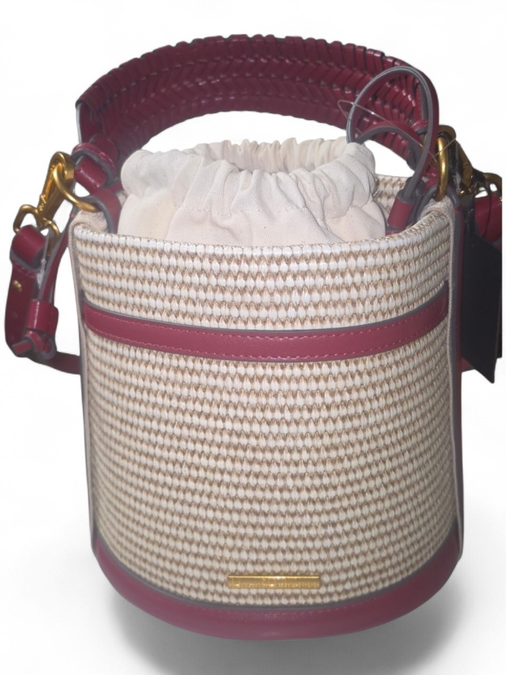 House of Harlow 1960 Straw Bucket Bag with Burgundy Trim